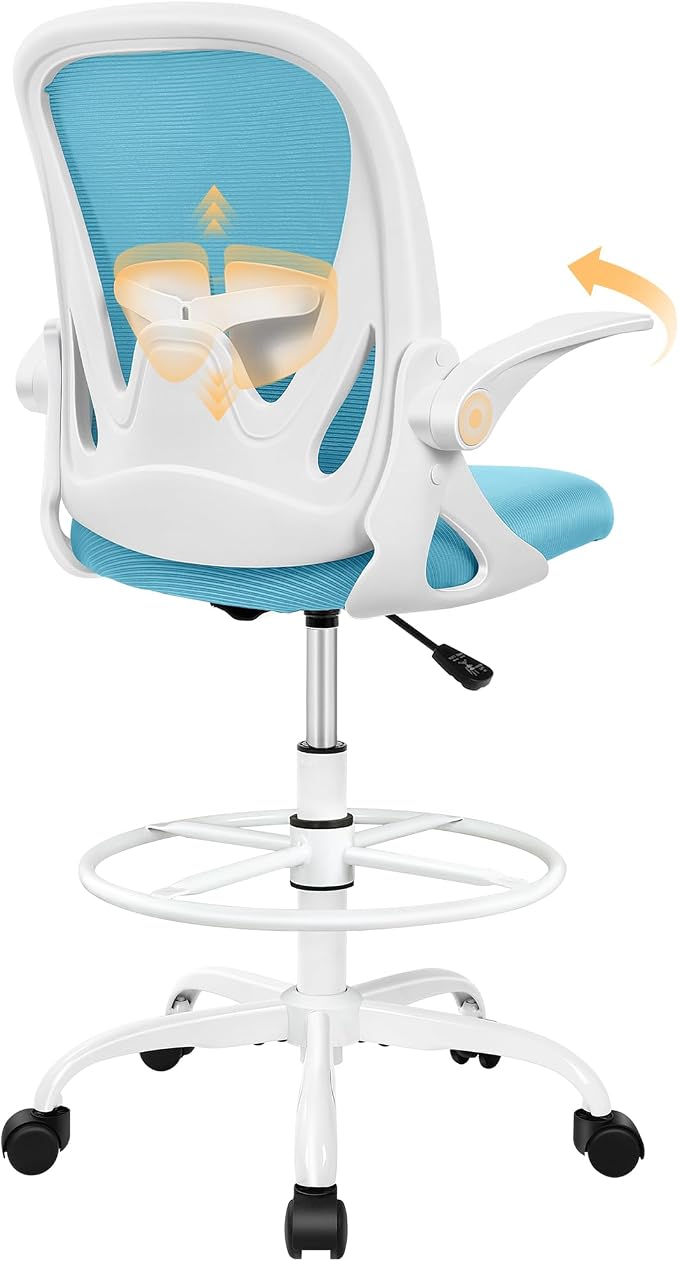 Drafting Chair Tall Office Chair with Flip-up Armrests Executive Ergonomic Computer Standing Desk Chair with Lumbar Support and Adjustable Footrest Ring（Blue）