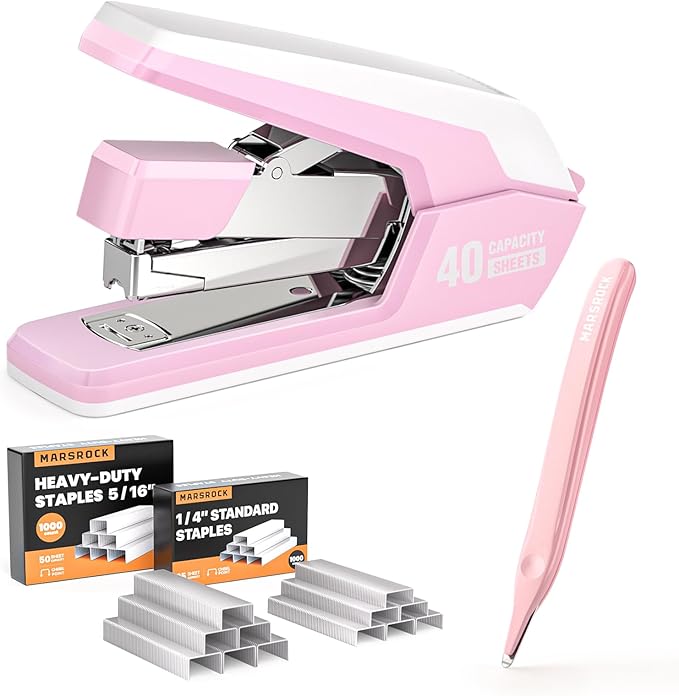 Marsrock Heavy Duty Stapler for Desk with 40-50 Sheet, 2000 Staples, Pink | Classroom Stapler, Teacher Stapler, Office Stapler, Ergonomic & Easy to Load Desktop Stapler, Magnetic Staple Remover