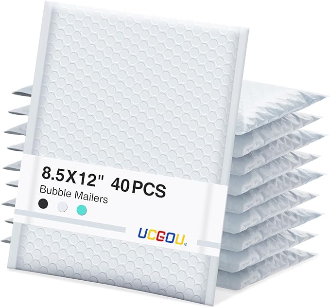 UCGOU Bubble Mailers 8.5x12 Inch 40 Pack Usable Size 8.5x11 Inch White Padded Envelopes Medium Waterproof Packaging Bags for Shipping Self Seal Strong Adhesive Envelopes for Jewelry Makeup Supplies