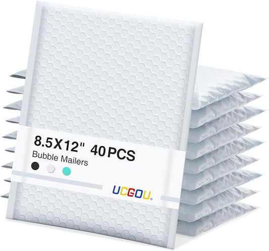 UCGOU Bubble Mailers 8.5x12 Inch 40 Pack Usable Size 8.5x11 Inch White Padded Envelopes Medium Waterproof Packaging Bags for Shipping Self Seal Strong Adhesive Envelopes for Jewelry Makeup Supplies