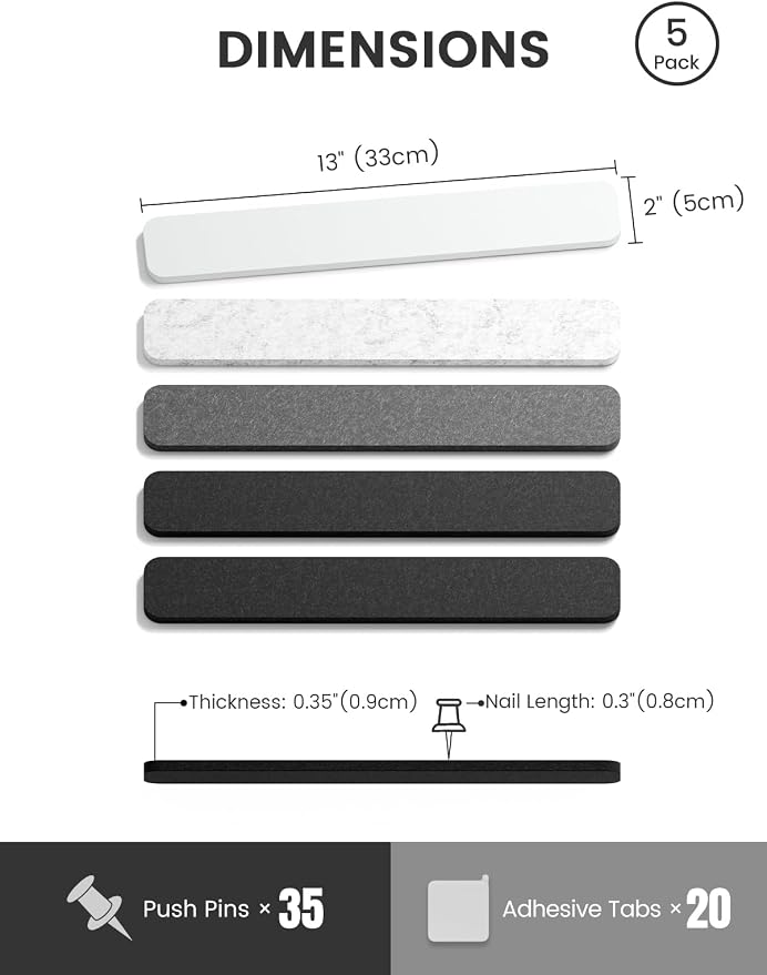 Fluxynara 13" x 2" Felt Wall Panels, Concrete Echo | 5-Pack Includes 35 Push Pins and Adhesive Tabs for Photos, Notes and Decor in Bedroom Doors, Home Office or Studios