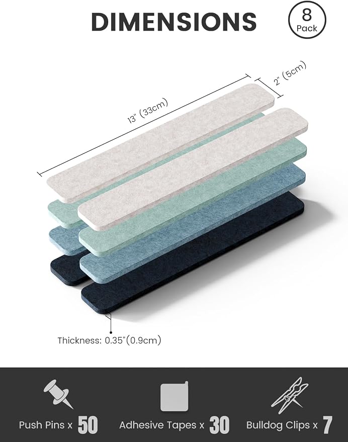 Fluxynara 13" x 2" Felt Wall Panels, Ocean Gradient | 8-Pack Includes 50 Push Pins and Adhesive Tabs for Photos, Notes and Decor in Bedroom Doors, Home Office or Studios