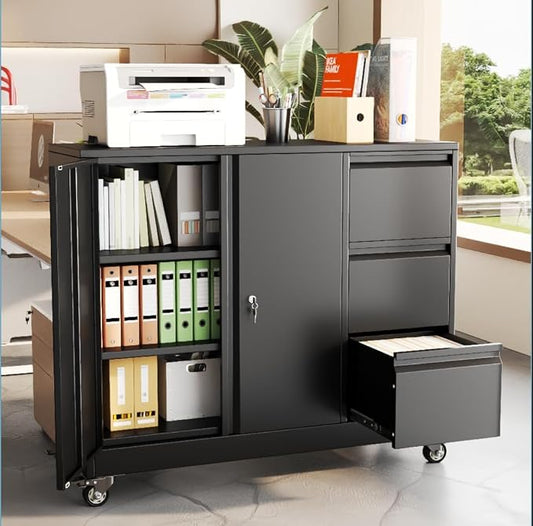 47"H 3 Drawer Rolling Metal File Cabinet,Lateral Filing Storage Cabinets,Office Cabinet with Adjustable Shelf & Wheels, Mobile Lockable File Folders for Hanging Files Letter/A4 Size,Livng Room,Black