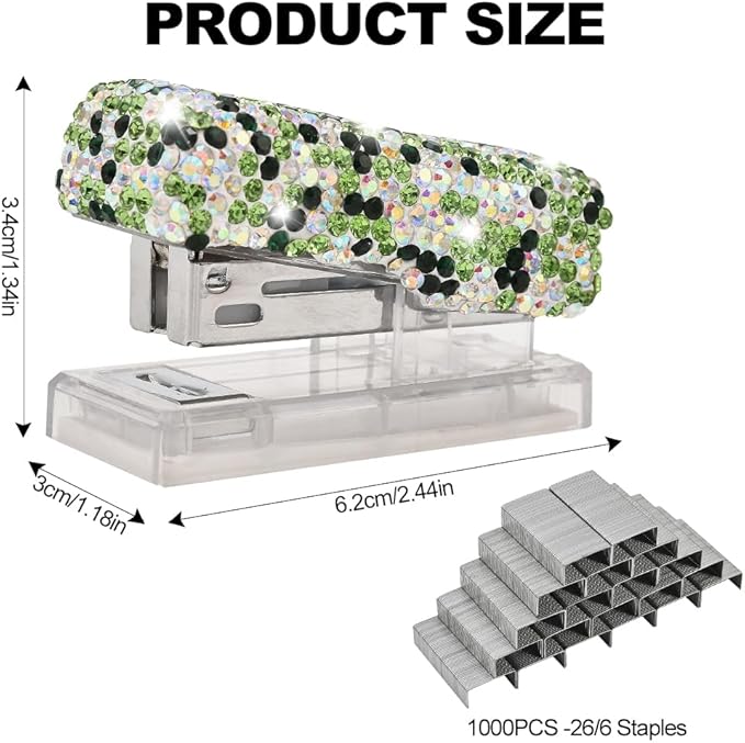 Bling Rhinestone Stapler, Sparkly Diamond Staplers, Cute Desk Stapler for Women & Girls, Bling Crystal Machine Pretty Office Stationery Kit (Green with AB Color Plated, Small)