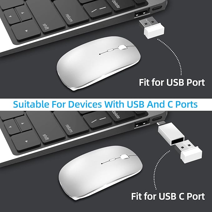 Wireless Mouse for Laptop, Bluetooth Mouse for MacBook Pro/Air/Mac/iPad/Chromebook/Computer -Rechargeale Dual Mode(USB 2.4Ghz + Bluetooth 5.2) Silent Cordless Mice with USB C Adapter,Silver