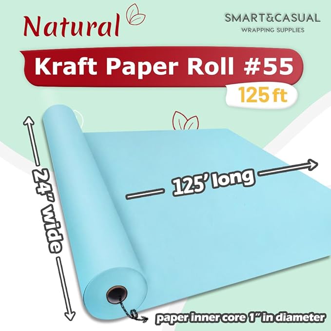SMART&CASUAL 24" x 1,500" (125') Light Blue Kraft Craft Paper Roll for Gift Wrapping Bulletin Board Bouquet Flower Kids Art Packing Parcel Table Covering 80GSM 55LB (Light Blue, 24" x 125')