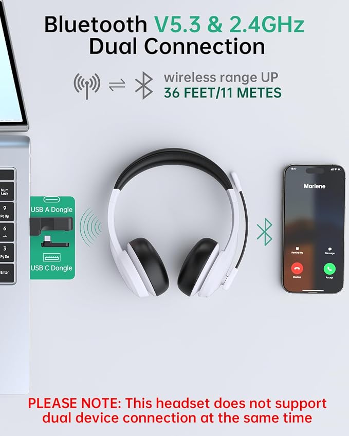 AOC Wireless Headset with Mic for Work, AI Noise Cancelling, Bluetooth | AI Noise Cancelling Mic, Bluetooth 5.3, USB-A/C Dongle Included, Mic Mute, Compatible with PC, Laptop & iPhone