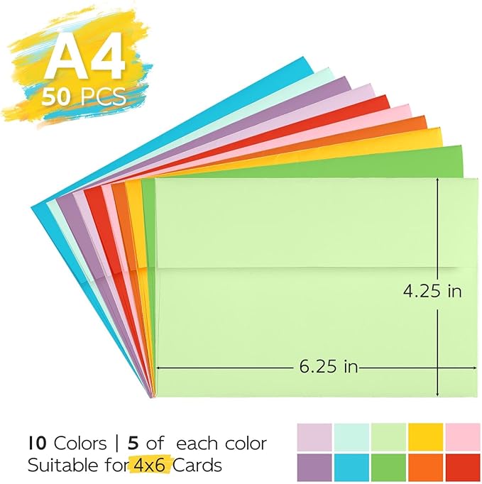 A4 Colored Envelopes for 4x6 cards 50 Pack, Goefun 4.25 x 6.25 Invitation Envelopes Self Seal,120 GSM Printable for 4x6 Cards, Photos, Invitations, Weddings, Graduation, Baby Shower