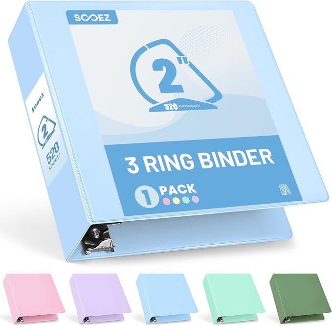 Sooez 3 Ring Binder 2 Inch, D-Ring Binder with Pockets, Light Blue, 8.5x11 | Holds 520-Sheet of Letter Paper, Extra Durable, PVC-Free, Clear View Cover, Interior Pockets, Eco-Friendly, School, Office