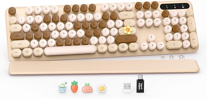 Wireless Keyboard, Round Keycaps, Retro Typewriter Keyboard with Detachable Wrist Rest, Sleep Mode, Foldable Legs, 2.4GHz Full-Size Cordless Computer Keyboard for Windows/PC/Laptop (Latte)