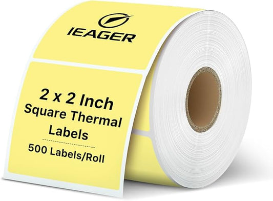 iEager Yellow Square Thermal Label Stickers, 2"x2" Self-Adhesive Square Direct Thermal Labels with Perforation Line, 500 Sheets/Roll