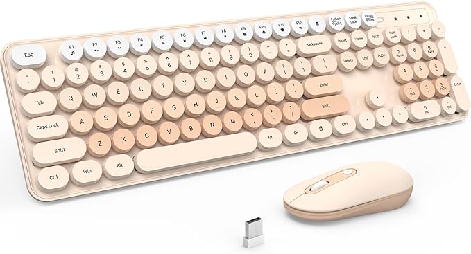 Wireless Keyboard and Mouse, Full-Sized Typewriter Keyboard Silent, Creamy | USB Full-Sized Quiet Keyboard, Cute Colorful Round Keycaps, Plug & Play, Compatible with PC, Computer, Laptop