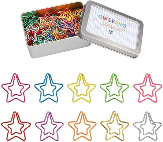OWLFAVO 100pcs Star Shape Paper Clips with Clear Box, 10 Colors, Funny Cute Paperclips Bookmarks Planner Clips for Fun Office Supplies School Gifts Wedding Decoration