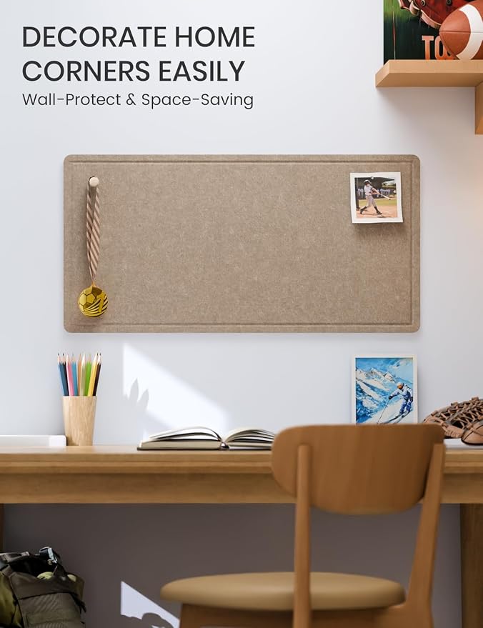 Fluxynara 35" x 17.1" Bulletin Board, Taupe | Cork Board Alternative with 12 Removable Adhesive Tabs, Foldable Felt Pin Board for Home, Office, Classroom & Dorm