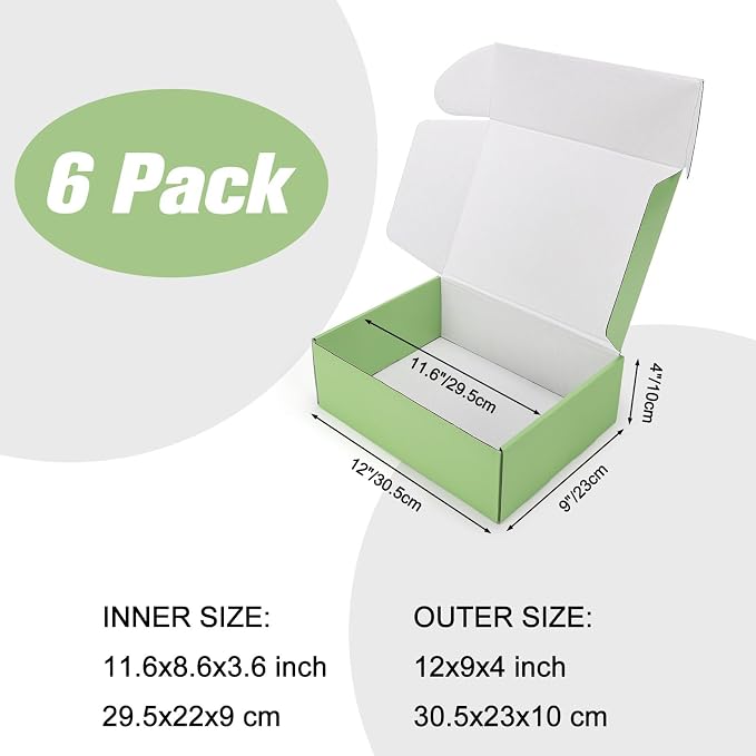 12x9x4 in Cardboard Shipping Boxes Set of 6, Gift Box Pastel Green | Bright Color, Glossy Cardboard, Easy Fold, Shape Well, Self locking, Gift Wrap, Theme Packaging, Small Business Branding