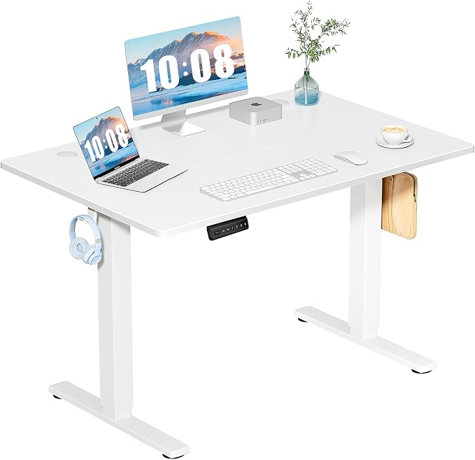 DUMOS 48 Inch Electric Standing Desk, Memory Adjustable Home Office Desk | Sit Stand Up Desk for Work Home Office,Adjustable Desk, Rising Computer Table with Splice Board,Cable Management,Hook,White