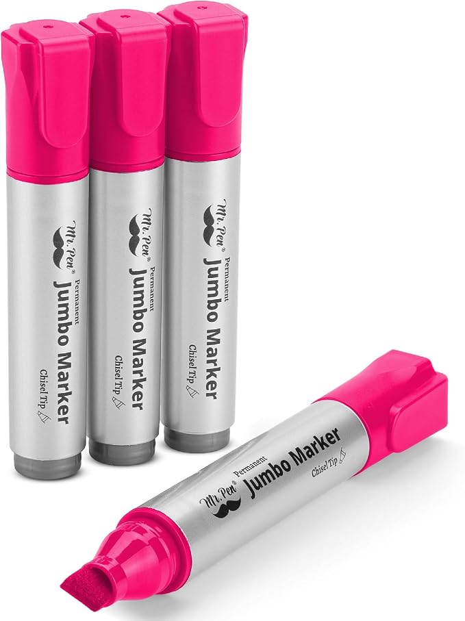 Mr. Pen- Jumbo Permanent Markers, 4 Pack, Pink, Chisel Tip, Wide Tip, Large | Thick Permanent Markers for Canvas, Posters Board, Fabric, Window, Glass, Wood, Waterproof, Quick Dry