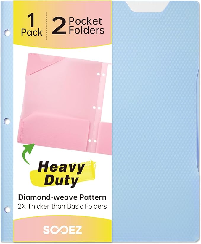 Sooez 2-Pocket Folders with Pockets, Plastic Heavy Duty, Fits 3-Ring Binder | 1 Pack Pockets Folder for 3 Ring Binder with Writable Label, Letter Size, Blue
