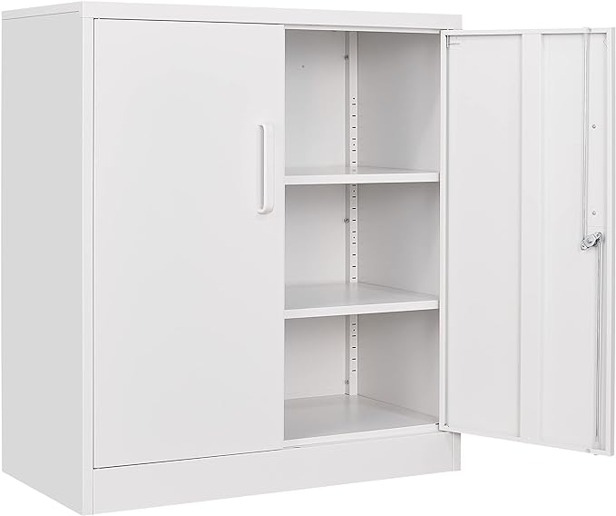 36 inch Storage Cabinet with Doors and Shelves,White Metal Storage Cabinet,Small Locking Metal Cabinets,Short Steel Counter Cabinets with Lock for Garage Home Office Pantry