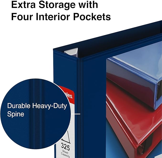 Staples Heavy-Duty 1.5-Inch D-Ring View Binder, Reinforced Spine, Holds Up to 350 Sheets, Blue, for Office & School