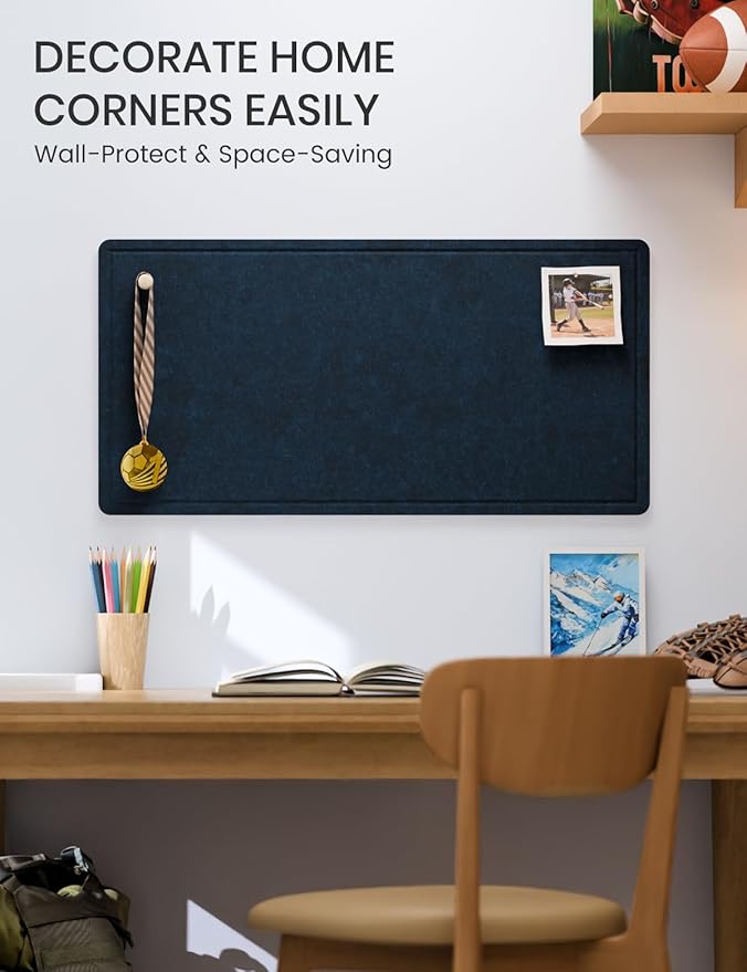 Fluxynara 35" x 17.1" Bulletin Board, Carbon Blue | Cork Board Alternative with 12 Removable Adhesive Tabs, Foldable Felt Pin Board for Home, Office, Classroom & Dorm