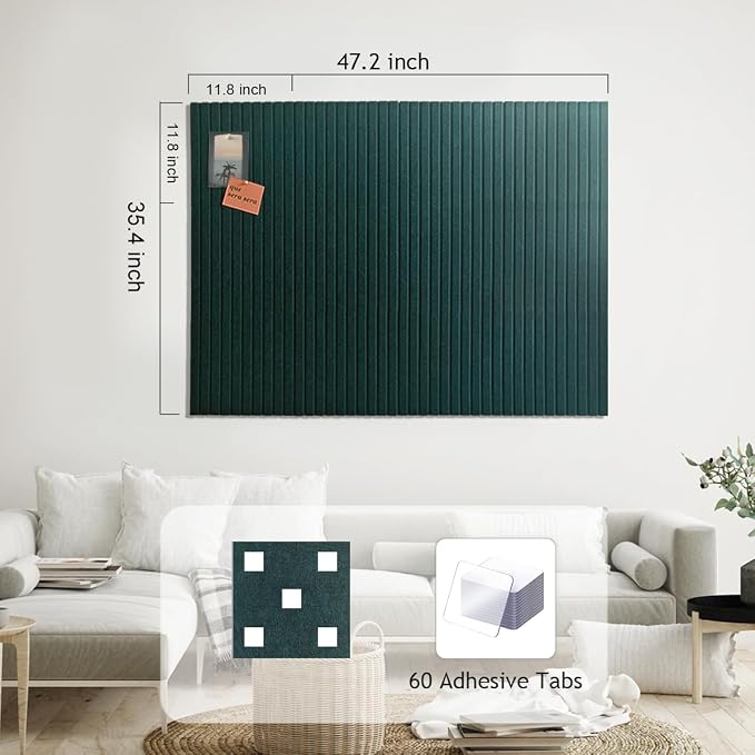 48" x 36" Large Felt Bulletin Board 1/2" Thick, Forest Green | 12 Pack Felt Tiles, Cork Board Alternative, 60 Adhesive Tabs, Pin Board for Home Office Decor with Easy Install