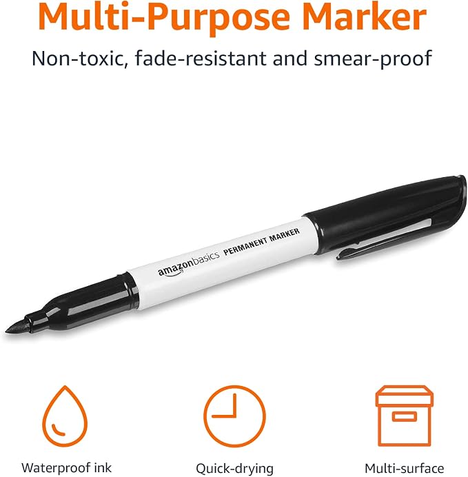 Amazon Basics Fine Tip Permanent Markers for Writing, Drawing, Quick Drying, Office, School, and Home Use, Black, 48 Pack