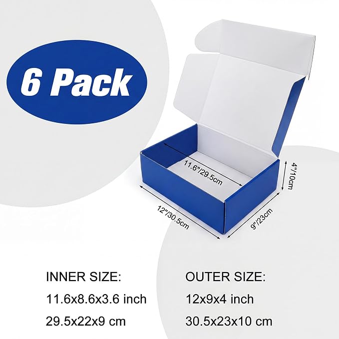 12x9x4 in Cardboard Shipping Boxes Set of 6, Gift Box Royal Blue | Bright Color, Glossy Cardboard, Easy Fold, Shape Well, Self locking, Gift Wrap, Theme Packaging, Small Business Branding