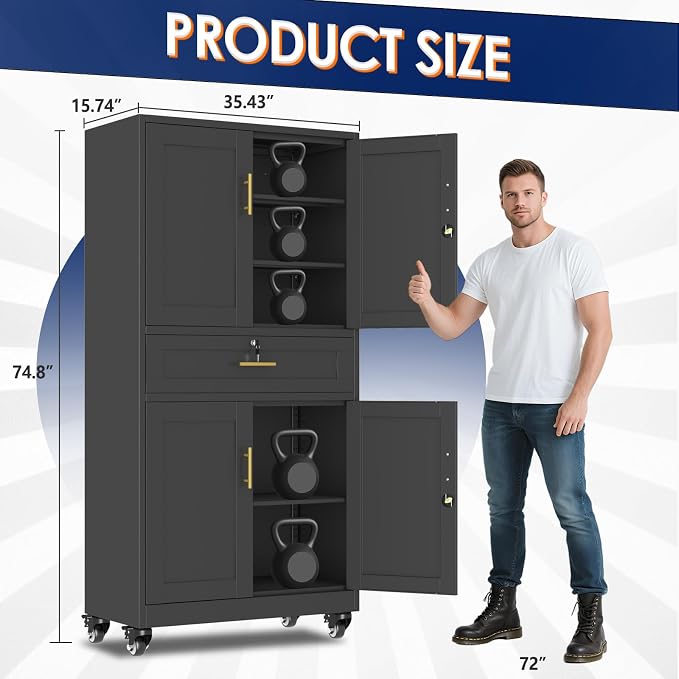 erosoei 75" H Metal Garage Storage Cabinet, Rolling Tool Cabinet with 2 Doors and Wheels, Locker Steel Cabinet with 4 Adjustable Shelves and Drawer, Organization Cabinet for Garage,Office,Gym