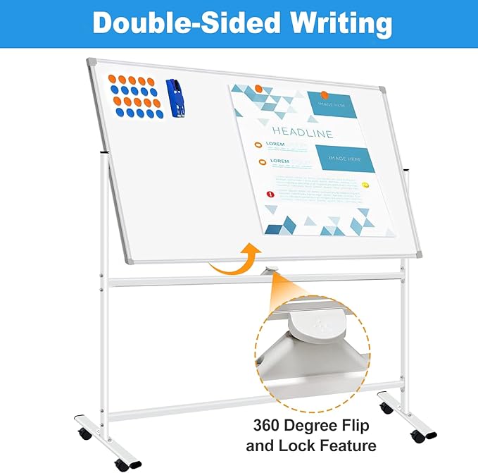 Magnetic Dry Erase White Board with Stands 60 x 40 Inch, Double-Sided 5' x 3' Large Rolling Whiteboard on Wheels Mobile Whiteboard Portable Stand Up White Board for Office, School, Home
