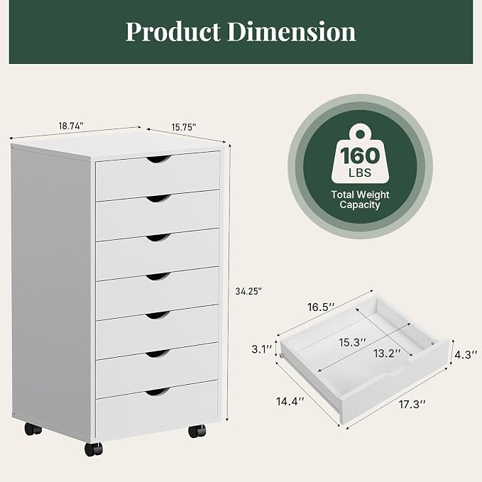 7 Drawers Mobile File Cabinet, Printer Stand Storage Cabinet | Under Desk Storage with Wheels, Vertical Filing Chest Rolling Wood Small Organizer for Home Office, Living Room, White