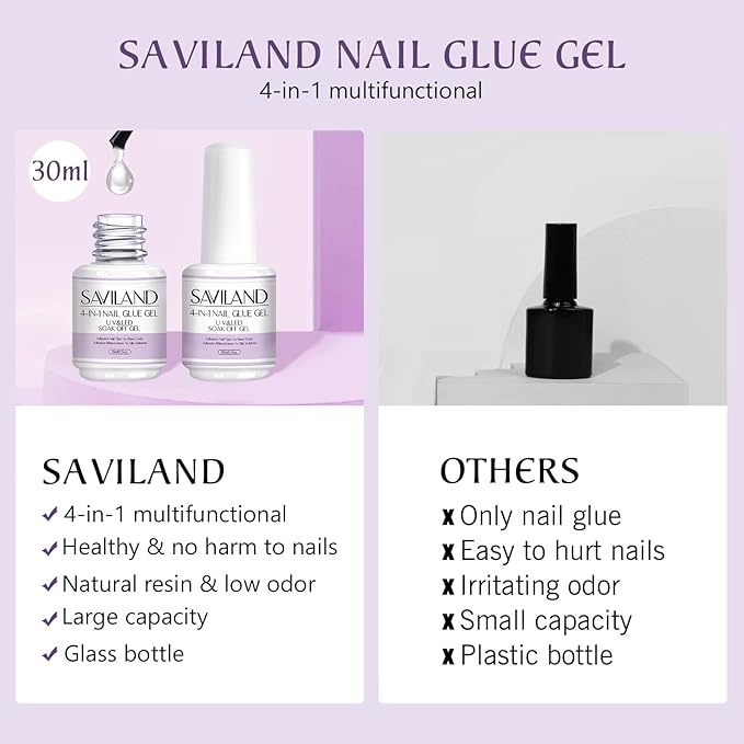 SAVILAND 4-in-1 Nail Gel Set, 2 pcs 15 ML Upgraded Nail Glue for Fake & Press on Nails, Gel Base Strengthen and Nail Repair Treatment, Replacement for Glue.