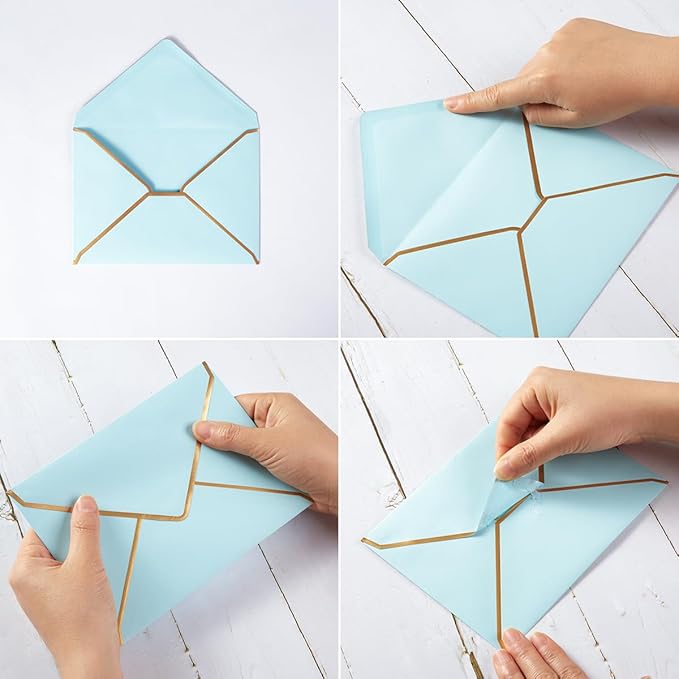 100 Pack A7 Envelopes 5 x 7 Card Envelopes V Flap with Gold Border for Office, Wedding Gift Cards, Invitations, Graduation, Baby Shower, Parties (Light Blue, 5.32 x 7.28 Inches)