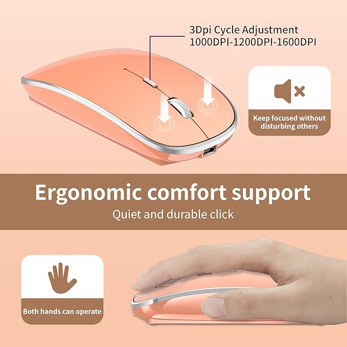 Wireless Mouse Chargeable Portable Silent USB-A and USB-C Dual Mode Wireless Mouse 3 Adjustable DPI for Laptop, Mac, Android, PC (Q23S Orange)