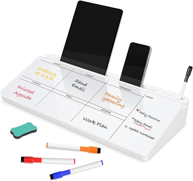 DOLLAR BOSS Glass Desk Whiteboard Calendar Small Dry Erase Board, White | Desktop White Board with Storage Drawer, Weekly Calendar, Computer Keyboard Stand, Desk Organizer, Office Supplies