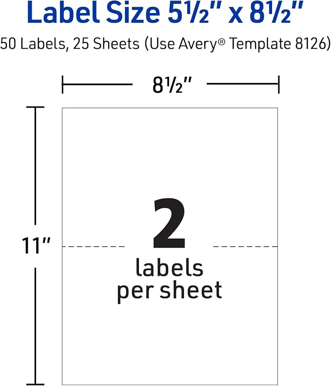 Avery Half-Sheet Printable Shipping Labels, 5.5" x 8.5" Customizable Stickers, White, 50 Blank Mailing Labels, Great for Mailing, Shipping, Organizing, and More (8126)