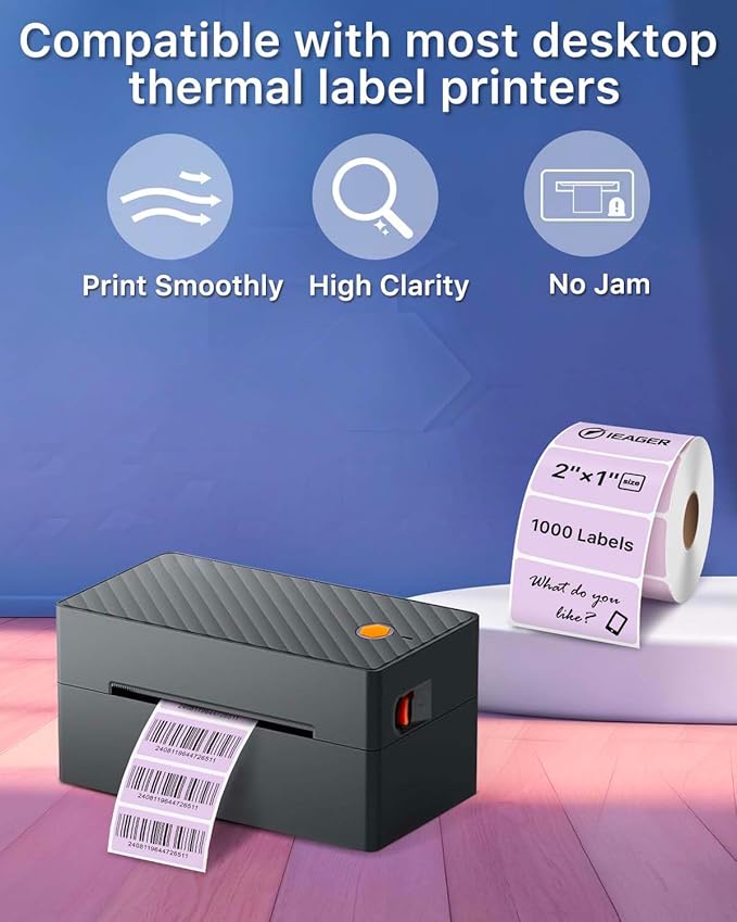 iEager 2x1 Inch Thermal Labels, Purple Rectangle Thermal Printer Stickers, Durable Shipping Label Printer Sticker for Barcode, Name, Address, 1000 Labels/Roll
