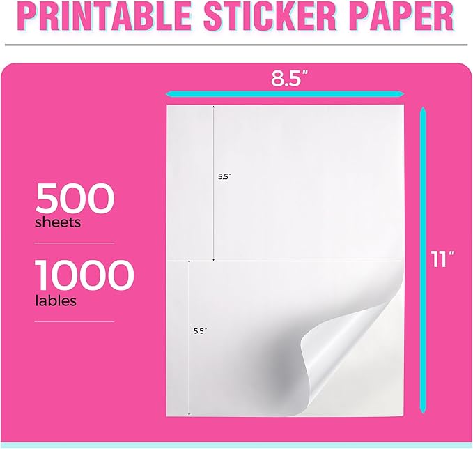 1000 Label Paper for Printer 8.5" x 5.5" Half Sheet Shipping Labels Self Adhesive Matte White 2 Per Sheet Printer Label Paper