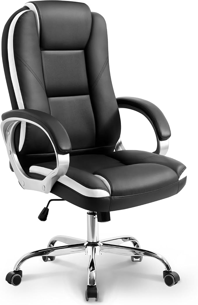 NEO CHAIR Office Desk Chair PU Leather Chair with Lumbar Support, Black | Ergonomic High Back Executive Computer Chair, Comfortable Padded Fixed Armrests Swivel Chair with Wheels for Office/Home