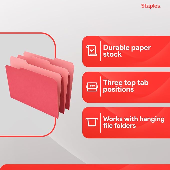 Staples File Folders, Letter Size, 1/3-Cut Tabs, Red, 100/Pack | Durable 10.5-point paper stock for everyday office document filing.