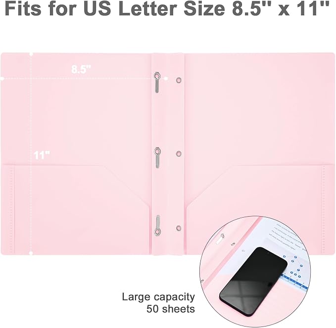 Two-Pocket-Folders with 3 Prongs, Letter Size Plastic Folders with Pockets and Prongs, Poly Plastic Folders for Office & School. 6 Pastel Colors (Pink - 6 Packs)