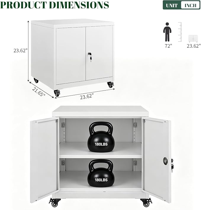 23.6"H Locking Printer Cabinet with Storage & Adjustable Shelf | Large Metal Rolling Printer Stand, Steel Printer Cart for Home Office, Workspace Organization & Office Supplies, Black