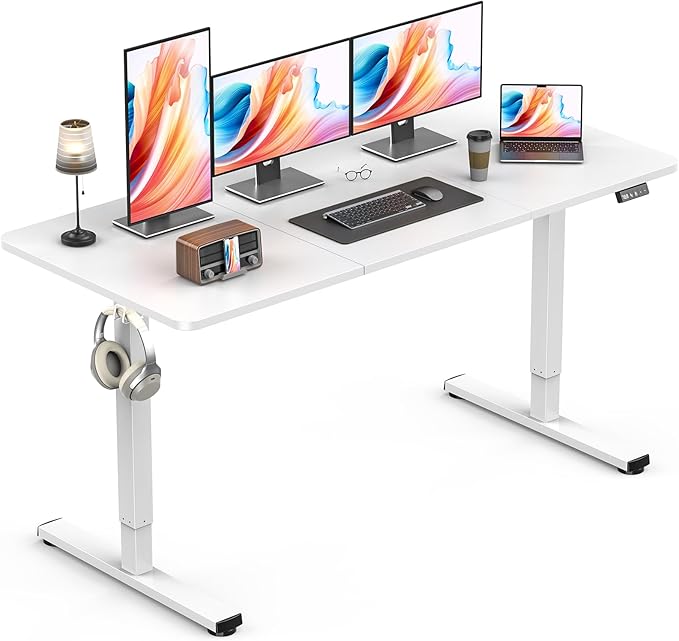 Standing Desk, Height Adjustable Electric Stand up Desk, 55 x 24 Inches Sit Stand Home Office Desk with Splice Board, White Frame/White Top