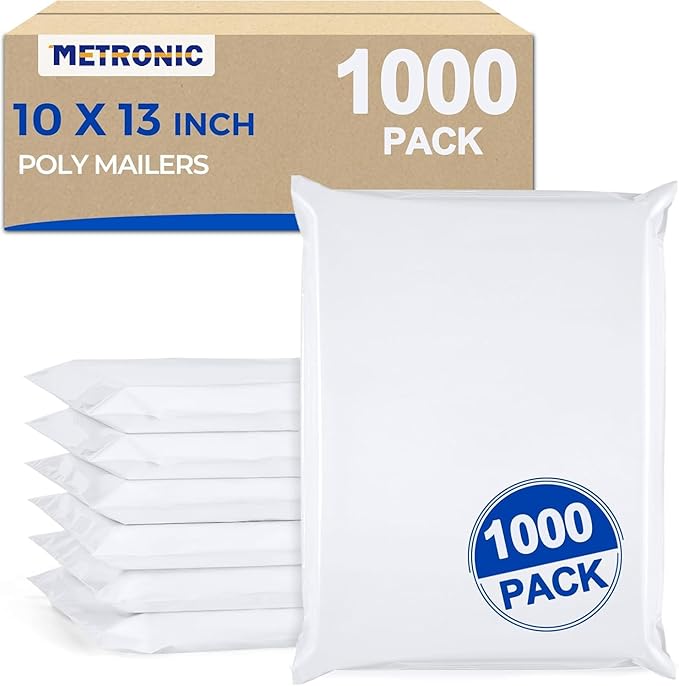 Metronic Poly Mailers 10X13 1000 Pack, Bulk Shipping Bags Heavy Duty Self Seal Waterproof Tear Weather Resistant Medium Mailing Envelopes, Packaging bags for Small Business, Boutique, Clothing, White