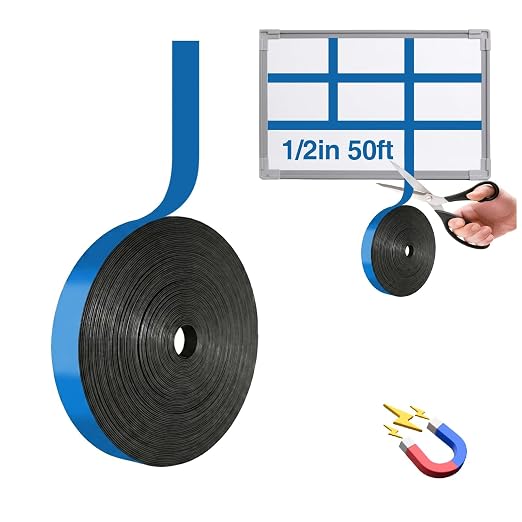 CHUNNIAO Blue Magnetic Whiteboard Tape for Classroom,Magnet Strips Width 1/2" Suit for Large White Board,50 Feet Roll