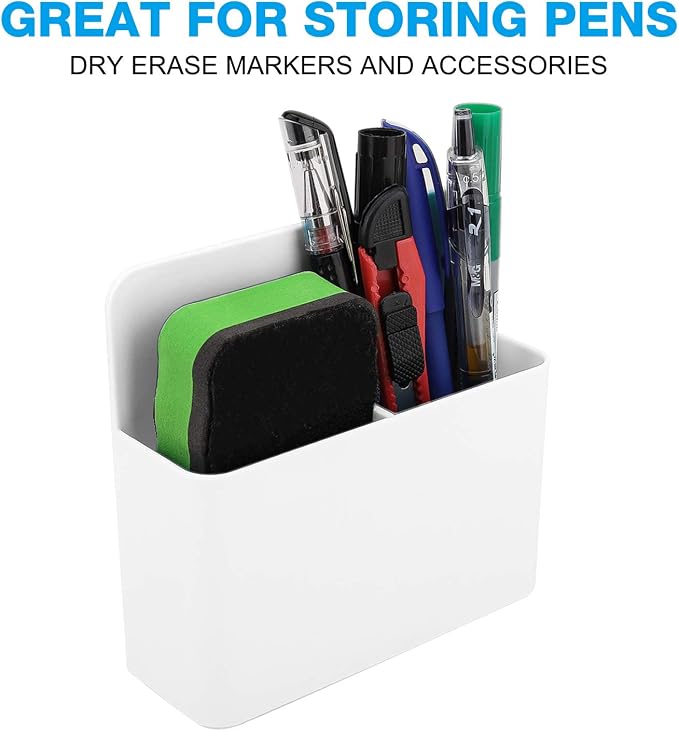 MoKo Magnetic Pen Holder, 2-Pack, Whiteboard Organizer, White | Magnetic dry erase marker holder has two adjustable compartments and an ABS body for whiteboards and refrigerators.