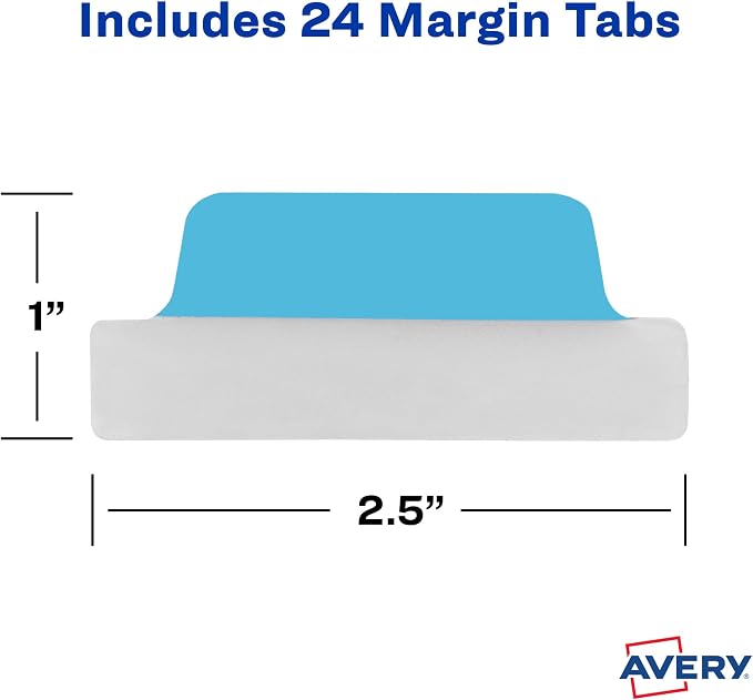 Avery® Margin Ultra Tabs®, 2.5" x 1", 2-Side Writable, Assorted Colors, 24 Repositionable Page Tabs (74768)
