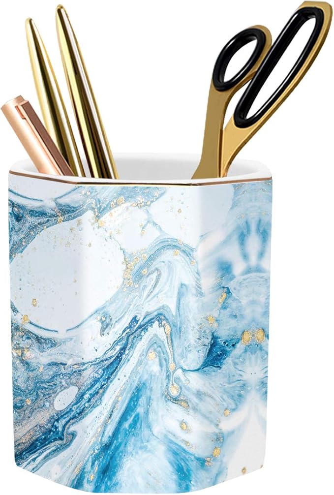 Pen Holder, Pencil Holder for Desk Marble Pattern Pencil Cup for Girls Kids Durable Ceramic Desk Organizer Makeup Brush Holder for Office, Classroom, Home, Blue Marble
