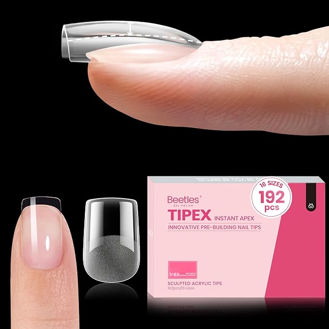 Beetles Tipex Instant Apex Nail Tips, XS Short Squoval, 16 Sizes |00–14, 192pcs, Built-In Apex, No Builder Gel Required, Thicker Strong Acrylic Tips for DIY Nail Extensions