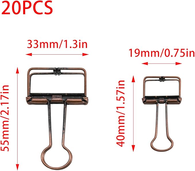 20 Pcs Hollow Out Long Tail Wire Binder Clips, 10 Medium + 10 Small | Red Bronze, Assorted Sizes, Hollow Binder Clamps, Paper Binder Clips for Office School Supplies
